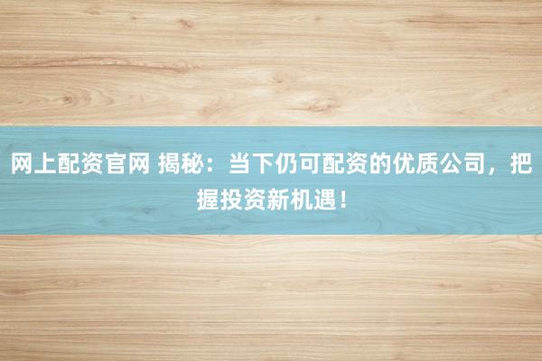 网上配资官网 揭秘：当下仍可配资的优质公司，把握投资新机遇！